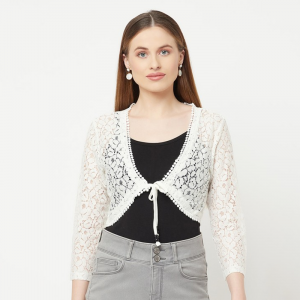 Women Off White Crop Tie-Up Shrug