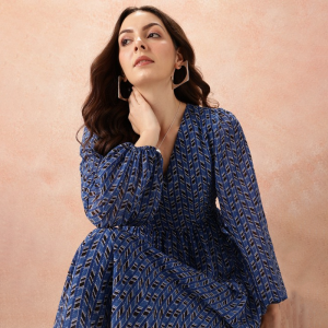 Geometric Print Puff Sleeve Fit & Flare Midi Dress