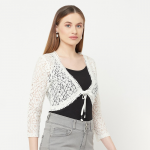 Women Off White Crop Tie-Up Shrug
