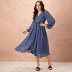 Geometric Print Puff Sleeve Fit & Flare Midi Dress