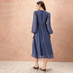 Geometric Print Puff Sleeve Fit & Flare Midi Dress