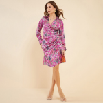 Pink Abstract Printed Shirt Collar Cuffed Sleeves Satin Wrap Dress